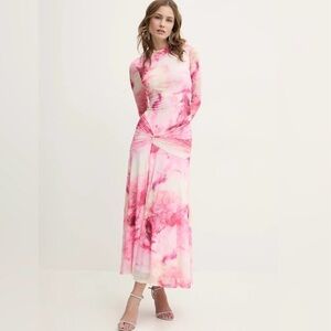 NWT Revolve BARDOT Lea Ruched Long Sleeve Mesh Maxi Dress Sz L